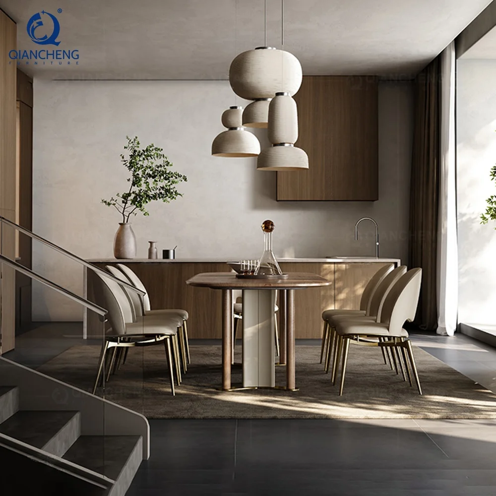 QIANCHENG brand design dinning room furniture set walnut color stainless steel wooden sticker 6 seater dining table