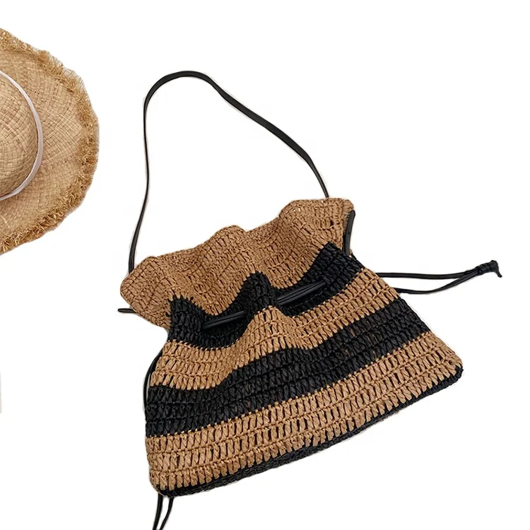 Fashion ladies holiday beach tote summer crochet bag designer stripe straw bag handmade shoulder bags