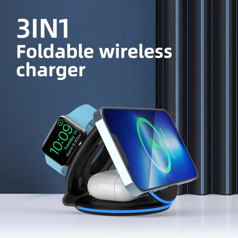 2022 New Products 3 In 1 Folding Magnetic Wireless Charger Portable 15W Fast Wireless Charging For iPhone For Iwatch For AirPods