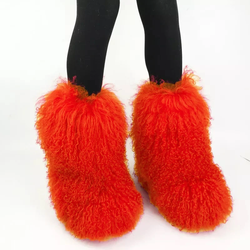 Luxury Fashion Winter Women Home Indoor Outdoor Fluffy Mongolian Lamb Fur Boots
