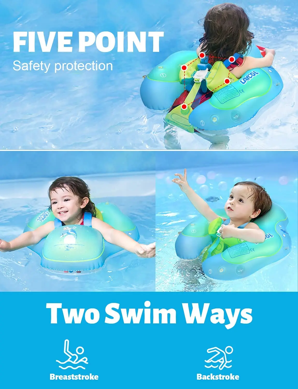 Baby swimming float with awning UPF50+  swimming pool baby float with tail never flip