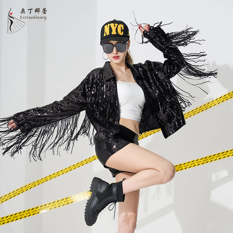 Women Long Sleeve tassel hip hop Jazz Dance Costume coat Sequin bomber Jacket