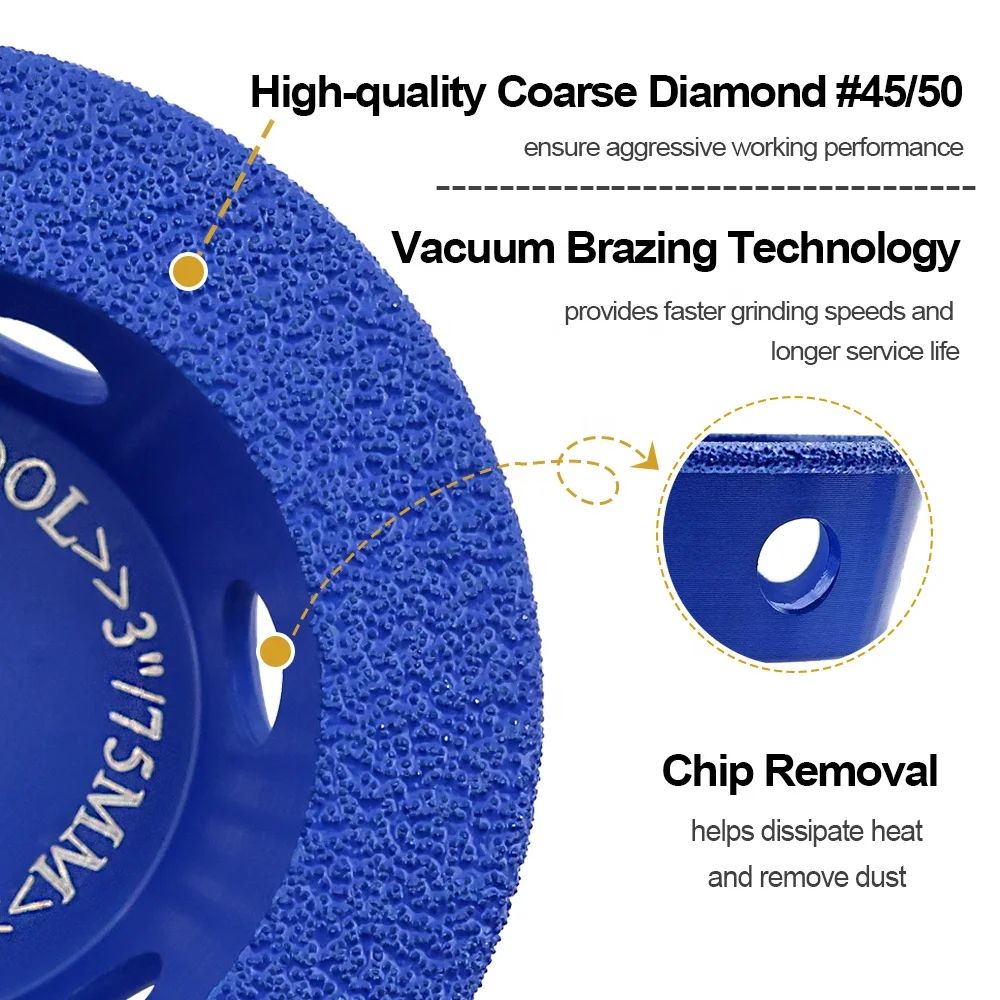 SHDIATOOL Dia 75mm Diamond Vacuum Brazed Bowl Grinding Wheels Grinding Disc Cutting Wheel For Marble/Tile/Concrete