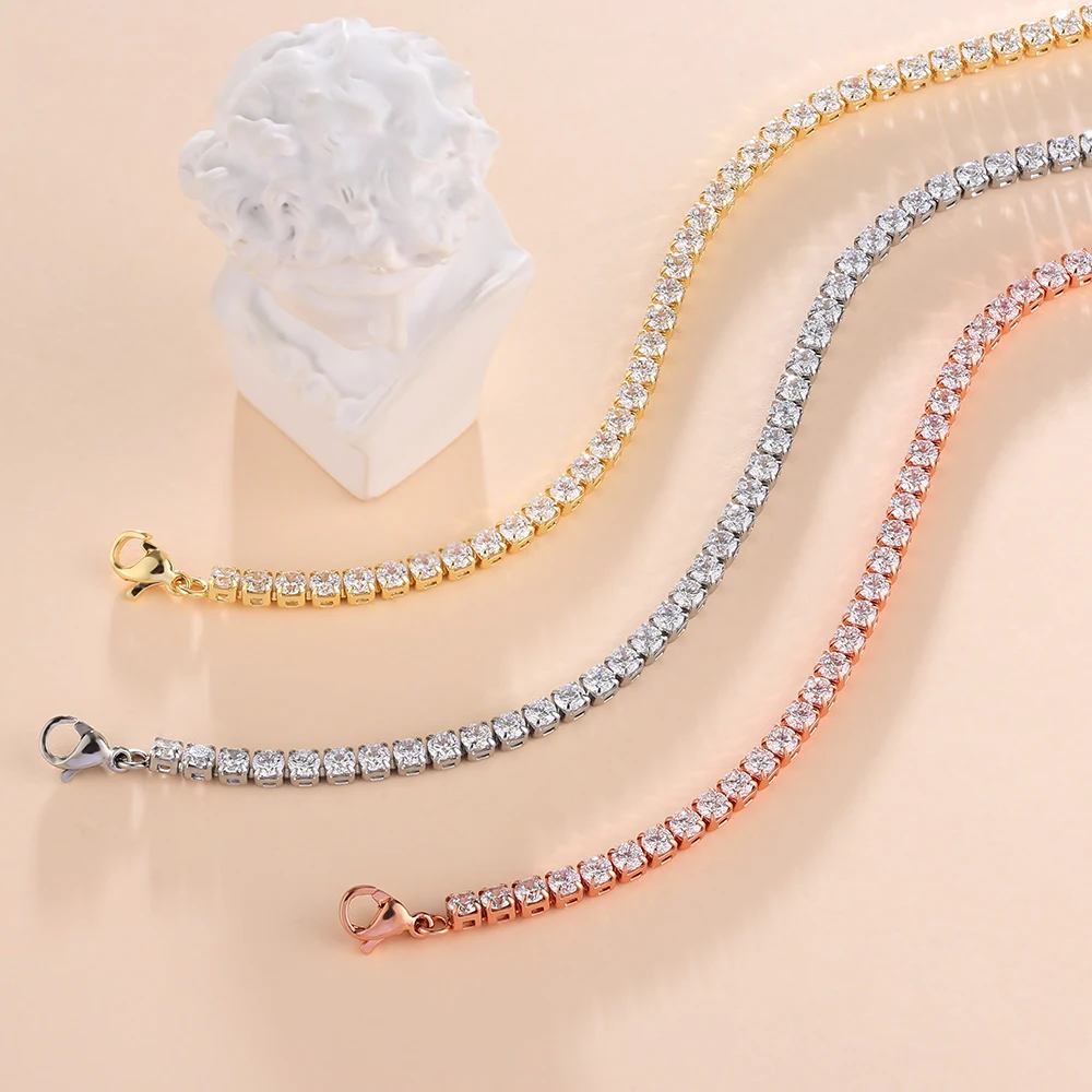 
KRKC 2021 summer fashion custom women foot jewelry adjustable rose gold plated stainless steel zircon tennis bracelet anklet 