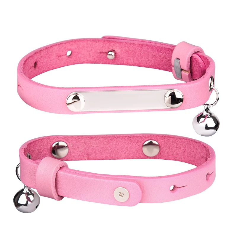 Head Layer Cowhide Adjustable Pet Collar Cute Bells Custom Lettering  Cat Collar