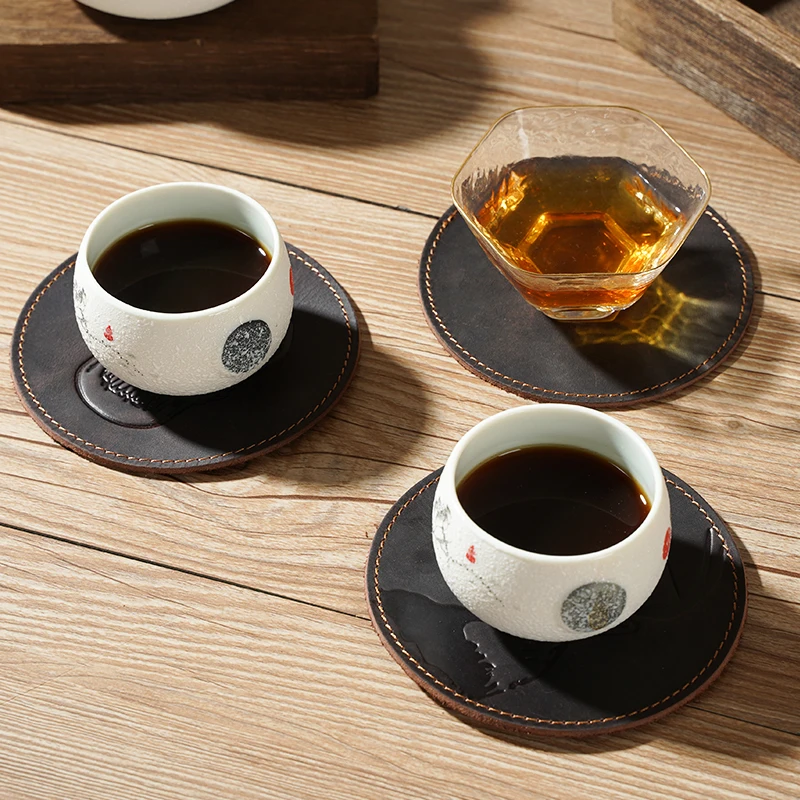 Logo Customization Genuine Cow Leather Heat-resistance Table Placemat Coffee Tea Cup Mats Drink Full Grain Leather Coaster Mat