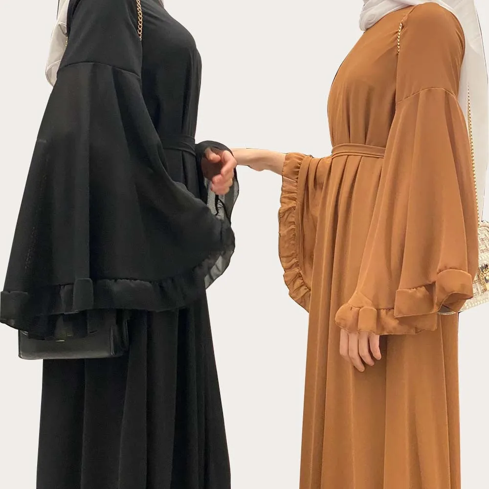 OEM Wholesale Closed Abaya Turkey Ladies Customized Islamic Clothing Nida Ruffled Sleeves Muslim Women Dresses
