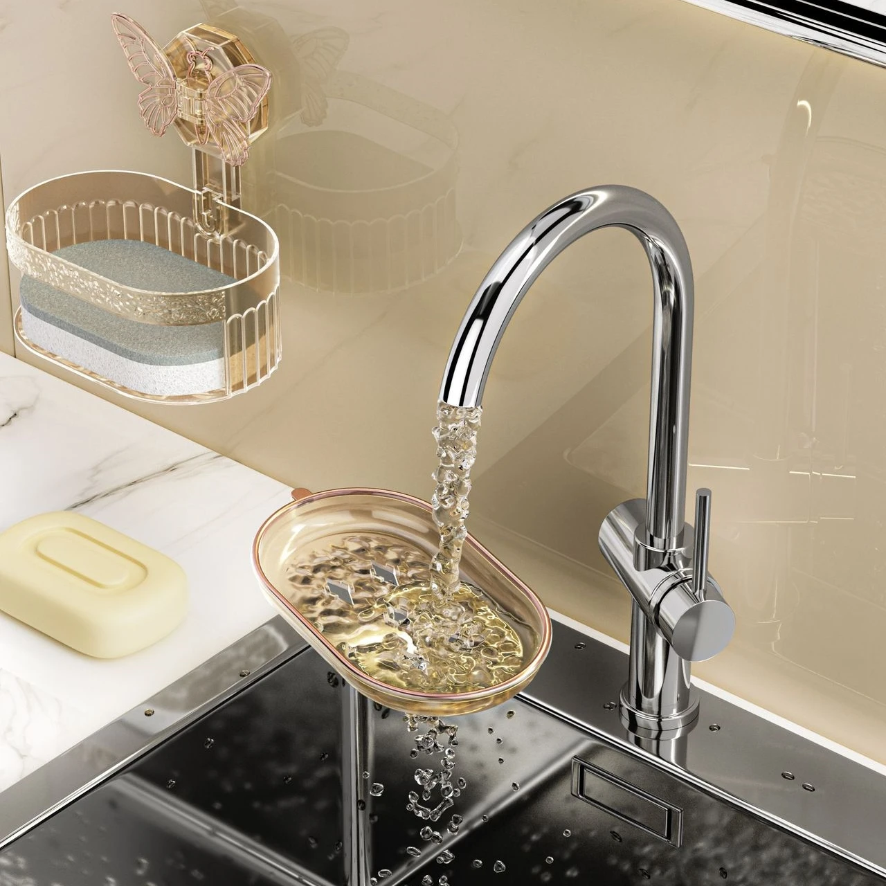 2 Layers Butterfly Suction Cup Soap Holder Bathroom Dish Free-Punching Wall Mounted Sponge Holder Organizer Accessories Kitchen