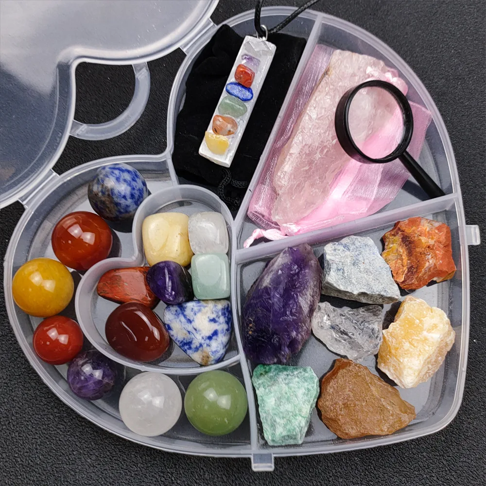 Seven Chakra Energy Healing Stone Set Natural Crystal Rough Stone Ball selenite stick with gemstones pendant necklace Meditation