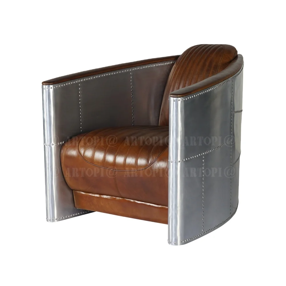 Antique Living Room Aluminium  Aviator Top Genuine Leather Covers Single Seat Sofas Set Designs Furniture