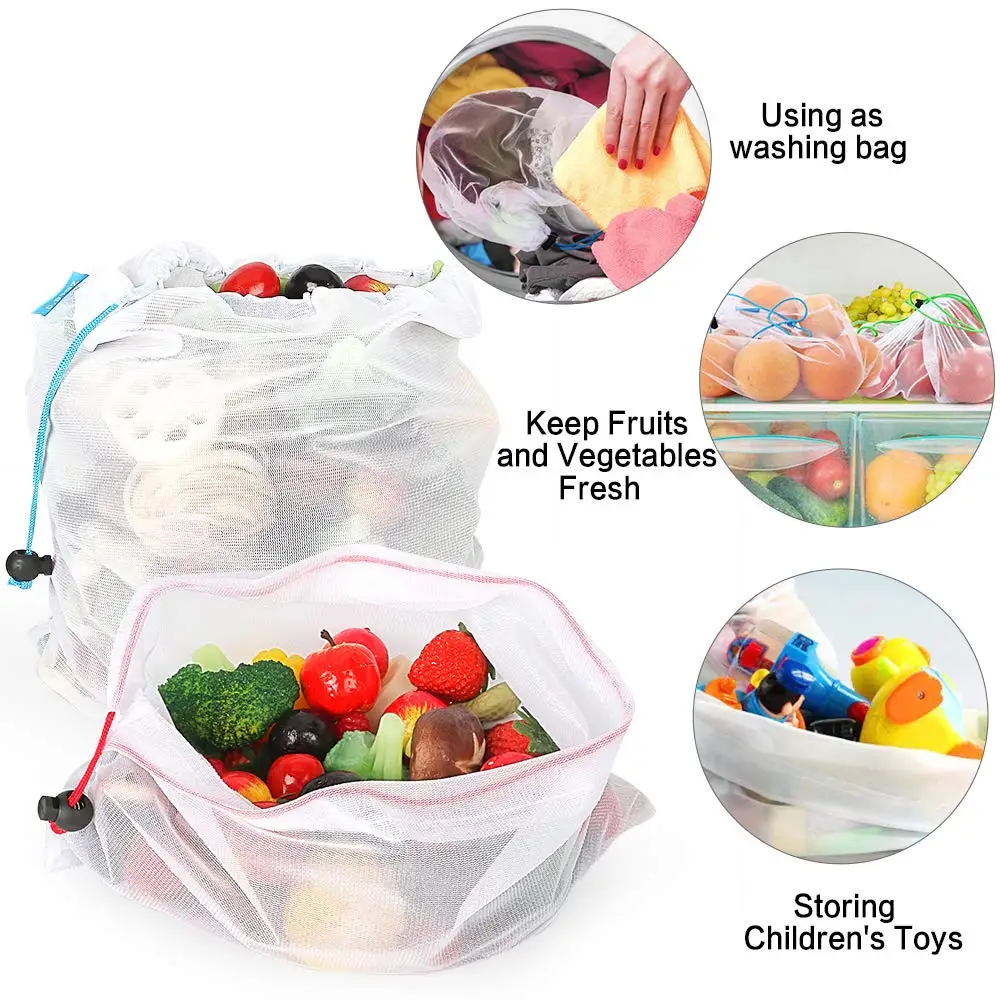 
Custom Logo Eco Friendly Vegetable Fruit Shopping Drawstring Bags Reusable rPET Mesh Bag 