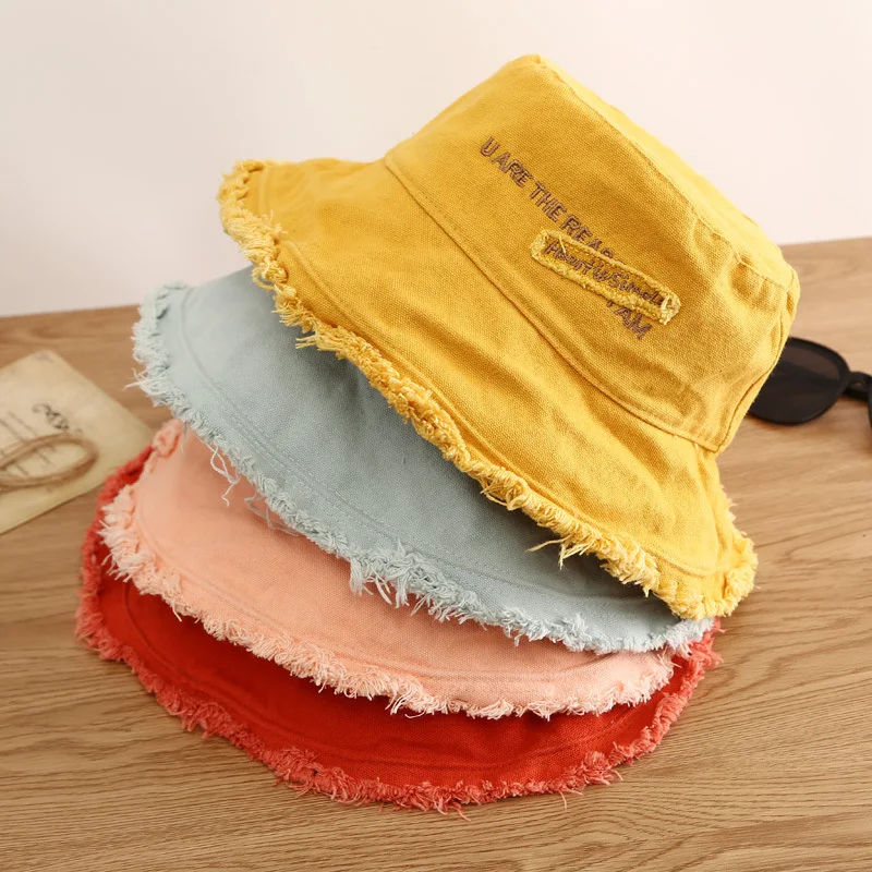 wholesale new design high quality fashion 100% cotton frayed multiple colors baggy bucket hat