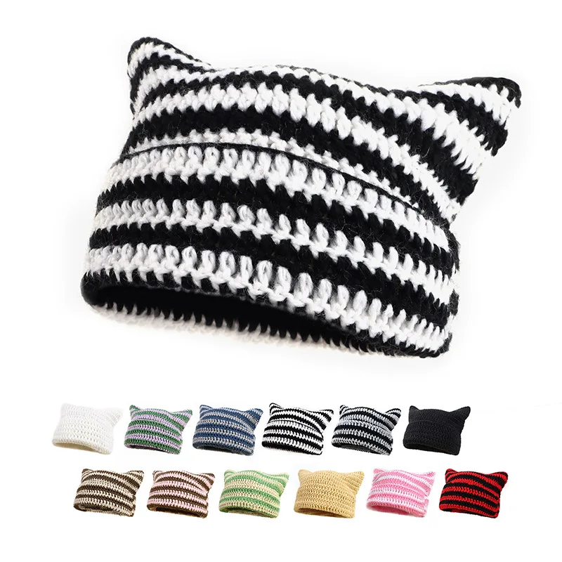 Custom Devil Striped Beanie Hat Knitted Wool Cap Cute Cat Ears Horn Knitted Hat Fall Slouchy Beanies