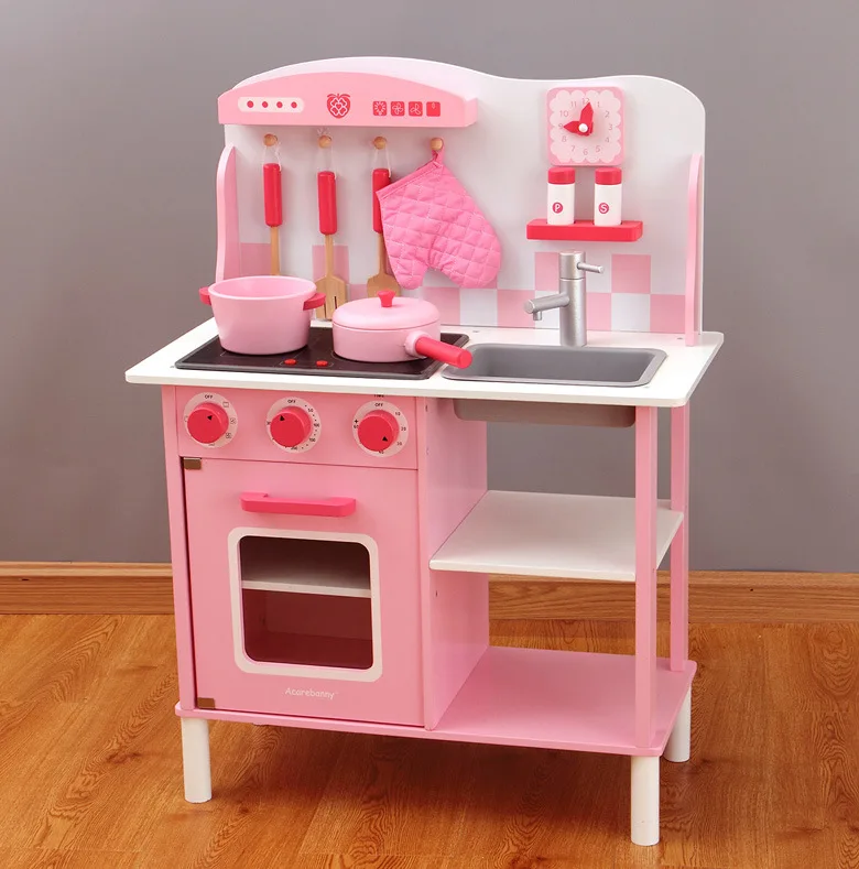 Hotsale Wooden Kids Kitchen With Clock Kitchenware and Removable Sink for Kids Toddlers Cooking Pretend 2 Colors