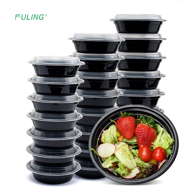 FULING 24 oz 26 oz 28 oz 32 oz 38 oz Black Round food Containers With Lids Microwaveable Bento Box