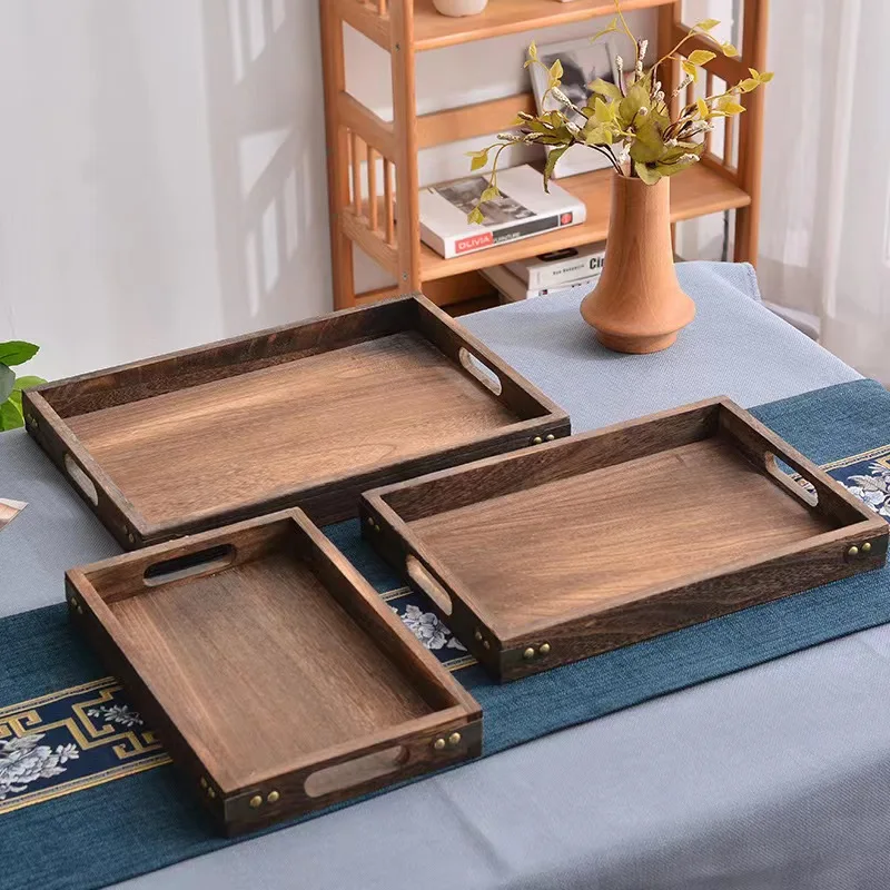 Wholesale Custom Logo Paulownia Wood Japanese Storage Tray with Handle Creative Rectangular Tray for Living Room
