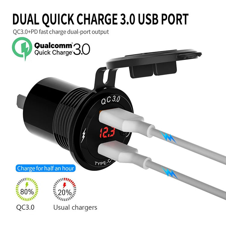 Алюминиевое автомобильное зарядное устройство 2 порта Dual Usb Lcd 12 24 V QC Pd 3 0 для лодок
