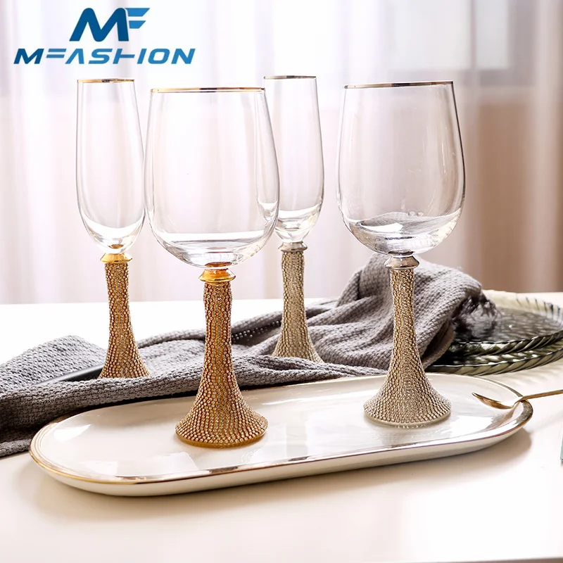 New arrivals discount price in stock amazon hot sale luxurious rhinestone lead free crystal champagne and wine glass gold rim