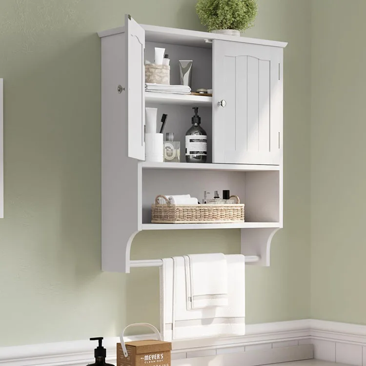 Customize Wall Mounted Cabinet Solid Wood Wall Storage Organizer Cosmetic Shower Gel Storage Cabinet With Towels Bar