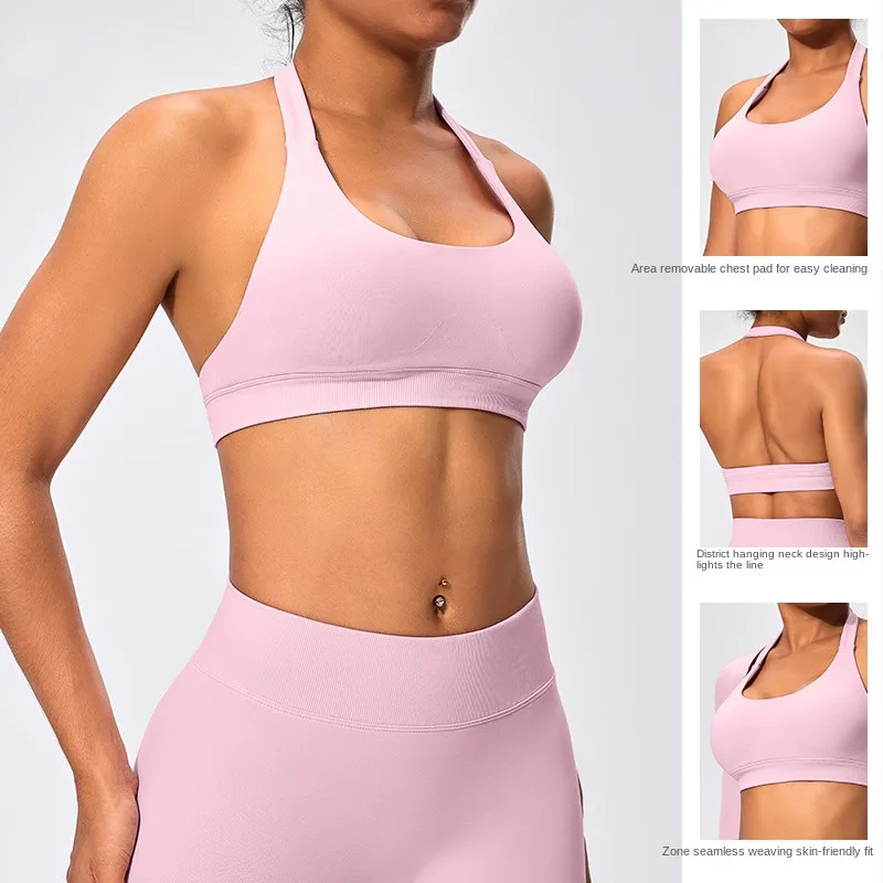SHINBENE Recoil Seamless Halter Neck Sports Fitness Bras Backless Womens Workout Yoga Bras