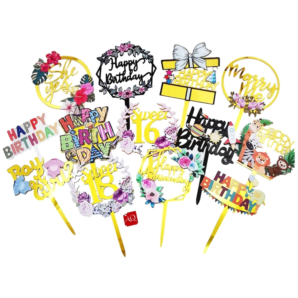 Dropshipping Mix 70 Hot Designs Beautiful Flower Cartoon UV Print Acrylic Happy Birthday Cake Topper Baby Show Party decoration