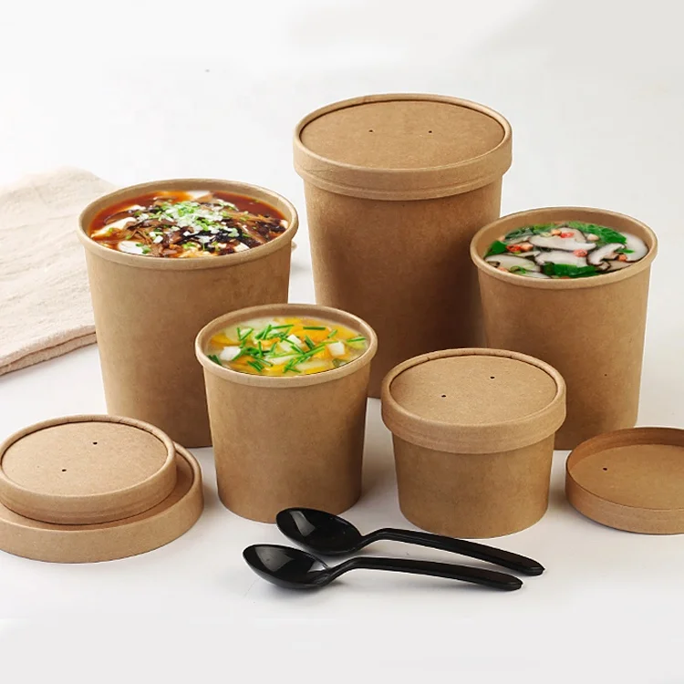 Brown Paper Disposable Soup Cups With Lid Takeout Food Lunch Box Noodles Paper Containers