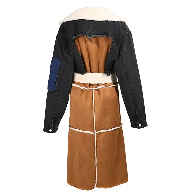 BH281  2021 Fashion Winter Patchwork  Lamb Hair Lining Thickened Long Coat for Women