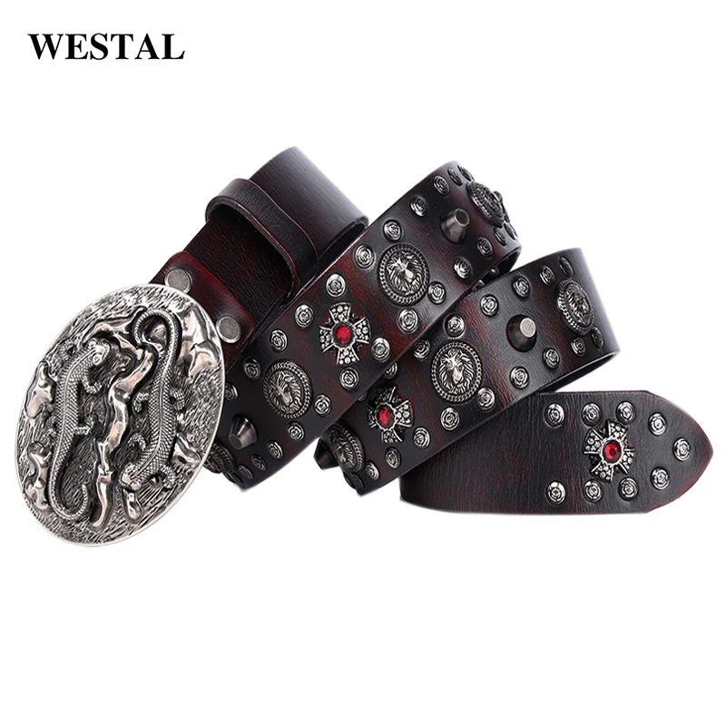 Westal Trend Punk Style Mens Belts Genuine Leather Womens Leather Belts Western Alloy Buckle Leather Belt