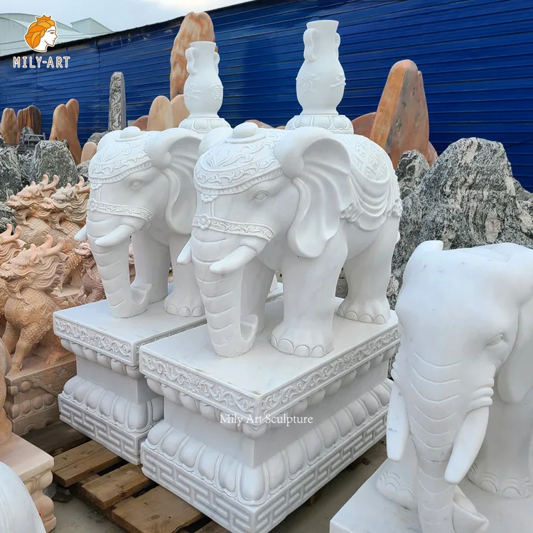 Hand Carved Customized Stone Animal Sculpture White Marble Elephant Statue for Home Decoration