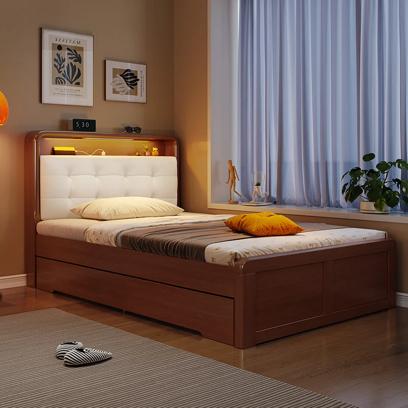 Modern Scandinavian Minimalist Style Double Bed Frame Fabric Headboard Fashionable Solid Wood Wall Bed Trundle Bedroom Furniture