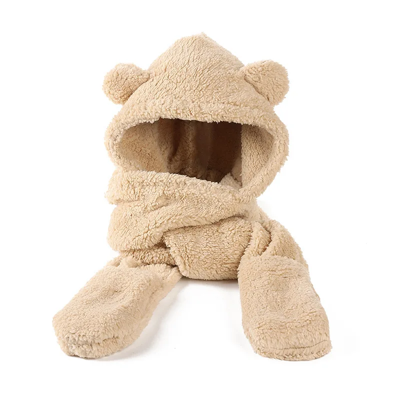 Winter bear thick ear warm hat scarf gloves 3-in-1 plush hat