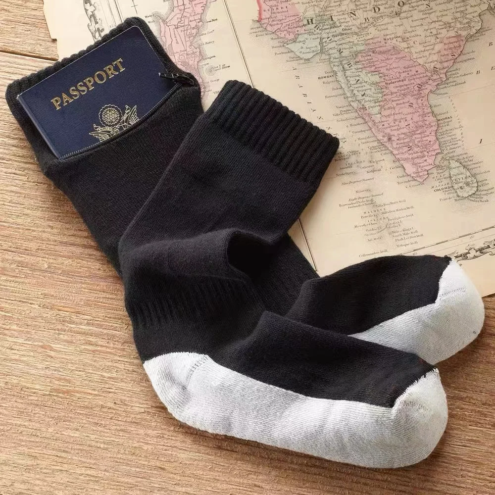 Mens Black High Quality Custom Socks With Zipper Pocket Crew Solid Color Pocket Socks
