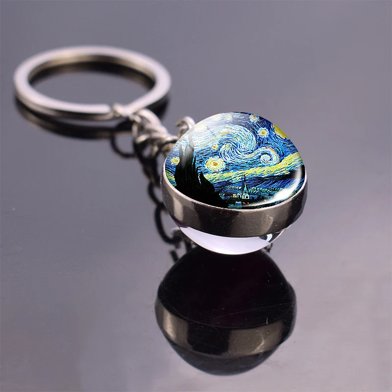 Van Gogh Famous Oil Painting Trinket Sunflowers Starry Night Double Side Keychain Glass Ball Keyring Pendant Key Holder