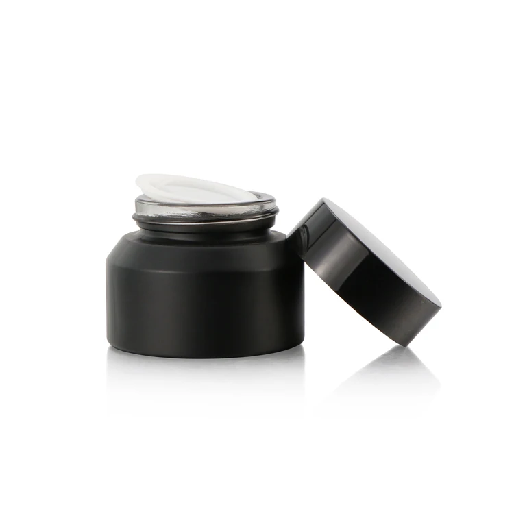 
High end 30 ml 50 ml 100 ml 1oz cream jar sloping shoulder matte black glass cosmetic jar with black plastic lid 