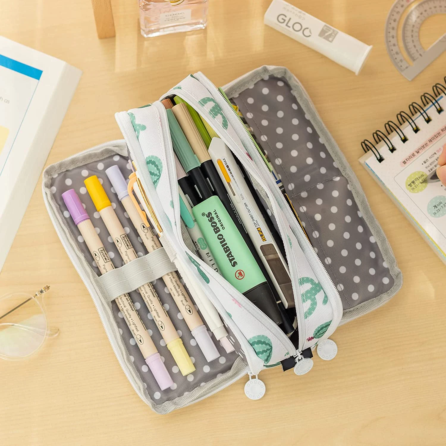 Pencil Case Big Capacity 3 Compartments Canvas Pencil Pouch Green Cactus Design For Teen Boys Girls School Students Kids