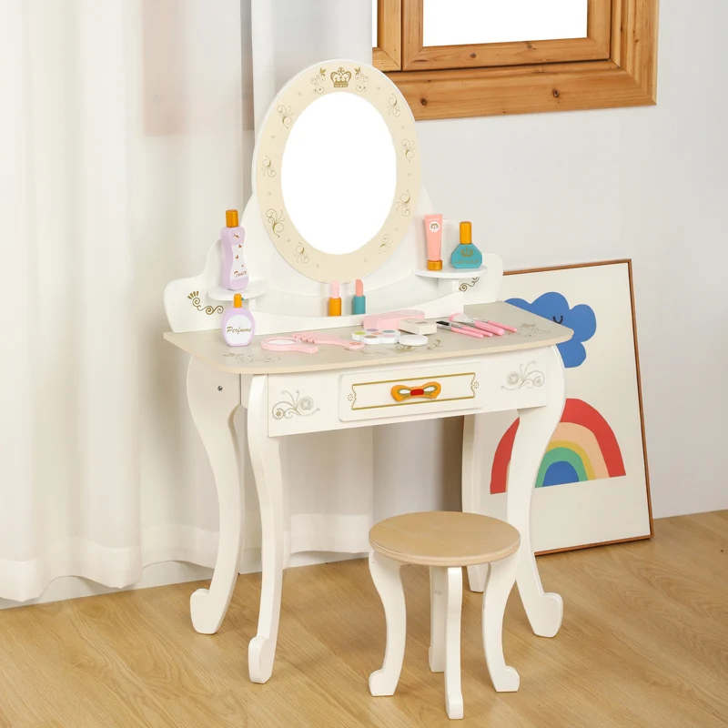 Girls Vanity Table Stool Set Kids Makeup Dressing Table Wood Makeup play set Toy Kids Vanity Set with Mirror Drawer