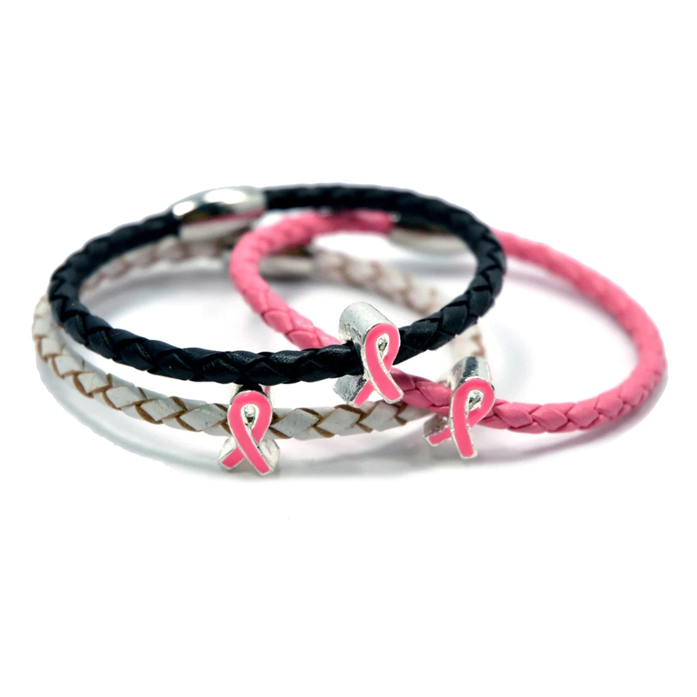 Pink Ribbon Breast Cancer Awareness Jewelry Stainless Steel Clasp Leather Bracelets Women