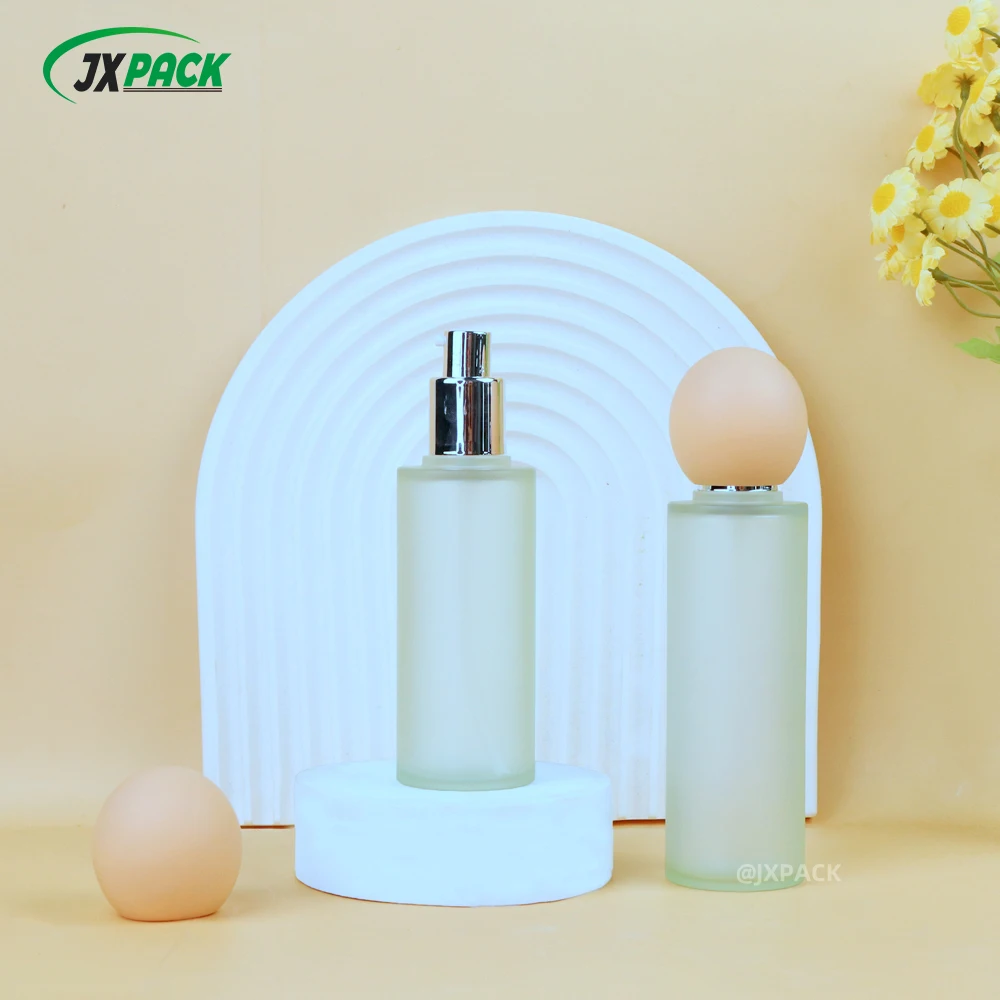 Cylindrical Green Frosted 80ml 100ml Plastic Packaging Set Skincare Cosmetics Cream Jar Lotion Toner Spray Pump Bottle