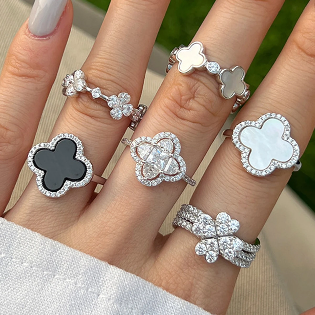 VANA High Quality 4 Leaf Clover Ring Necklace Sterling Silver Clover Jewelry Set  925 Silver Ring Brands Jewelry Set