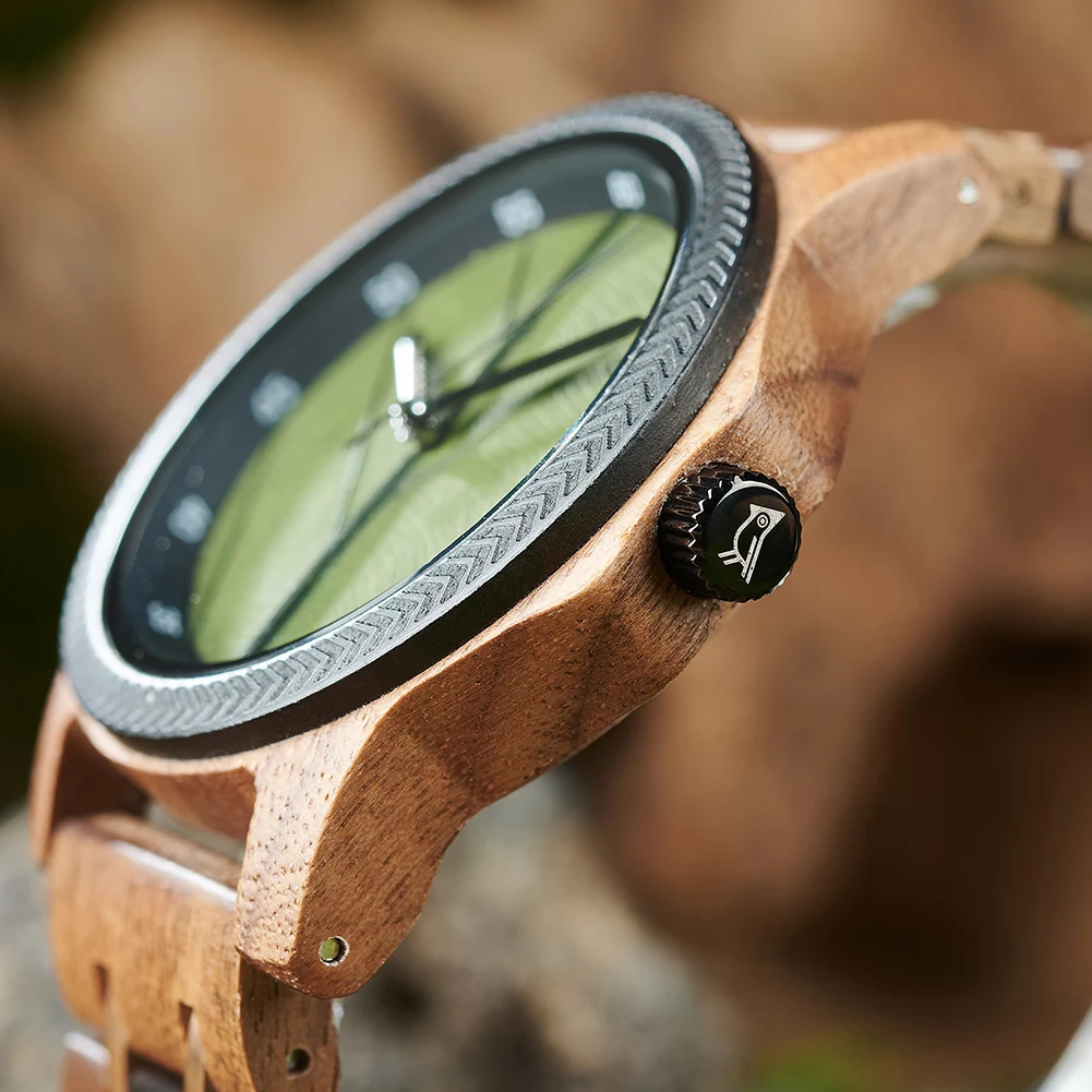 Handmade Luxury Wood Watch with Custom Logo 44mm round Dial and 22mm Band Charm Type with Pointer Display for Men