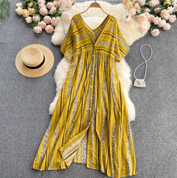 
Bohemia retro ancient ways prints holiday skirt female summer outfit sex appeal deep V gets slim body long dress 