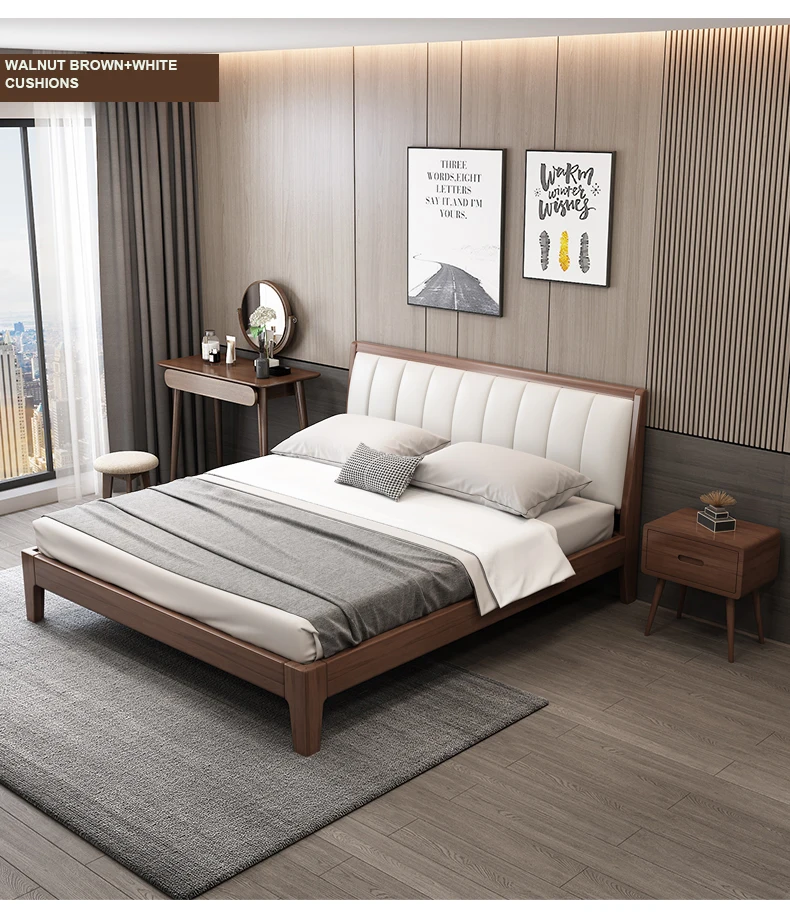 Nordic Modern Concise Simple 1.8 M Master Bedroom Beech Single Double Bed L=2.0M Soft Rolls Genuine Leather Whole Solid Wood Bed