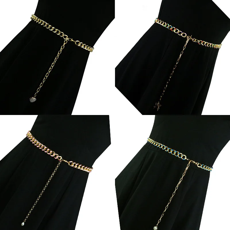 
Simple fashion gold thick chain waist chain body lady personality punk style rhinestone chain single layer belt 