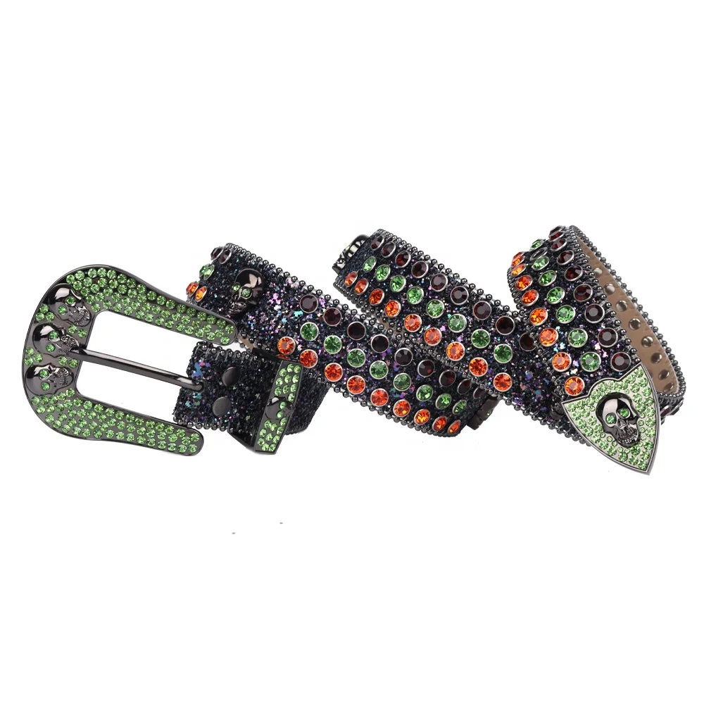 Cowboy&Cowgirl High-Key Colorful Bling Crystal Skull Belt Rhinestone Y2K With Green and Orange