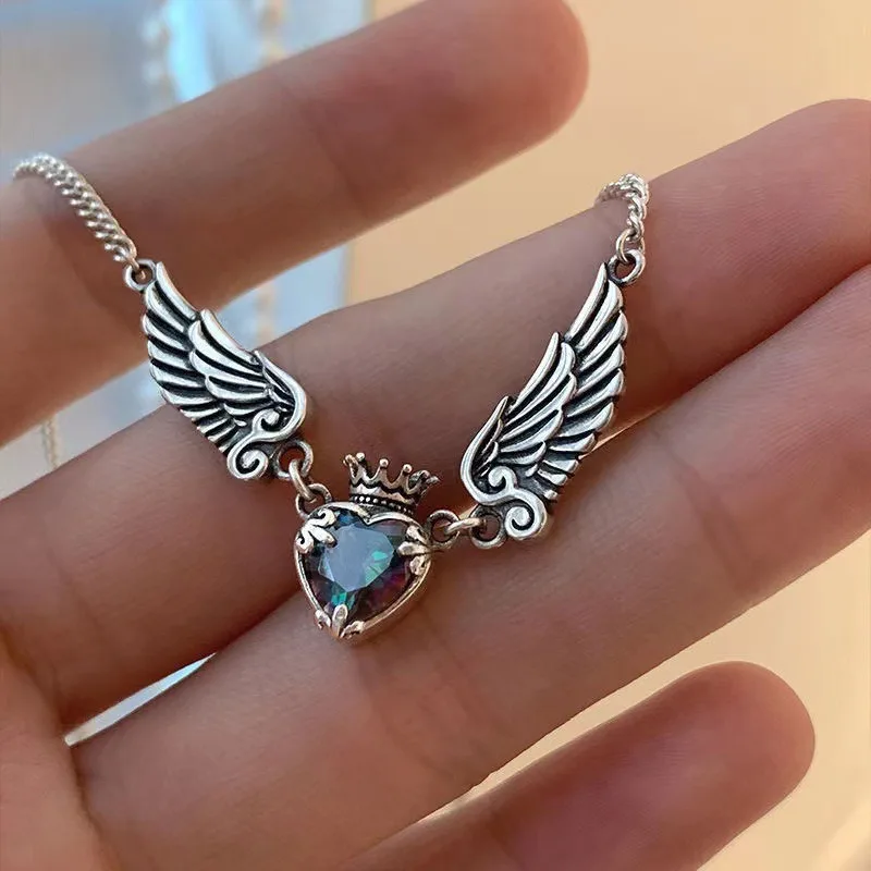 Vintage Distressed Aurora Love Crown Necklace Angel Demon Wings Pendant Necklace Zircon Geometric Heart Crown Necklaces