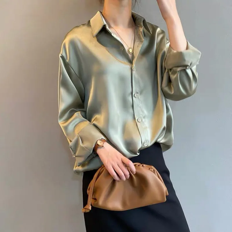 2021 New Summer Women Fashion Long Sleeves T Shirt Satin Blouse Vintage Femme V Neck Street Shirts Elegant Silk Blouse