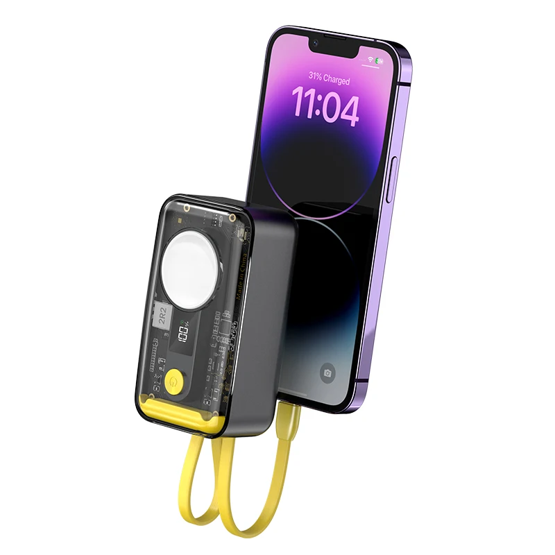 10000mAh Portable Built-in Two Charging Cables Transparent Case Mini Power Bank 2024