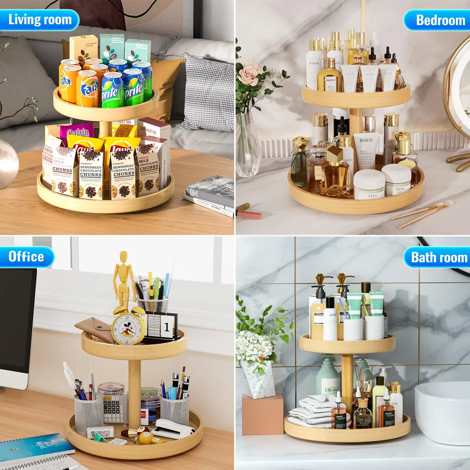 2 Tier Bamboo Lazy Susan Organizer for Kitchen Turntable for Cabinet Turntable Organizer for Cabinet Pantry Table Organization