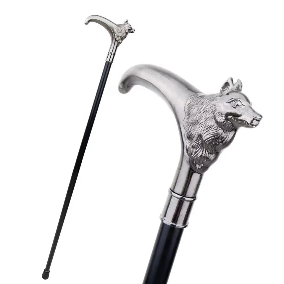 Silver wolf T handle Halloween Crosier cane self defense stick walking cane with Iron sheet inside