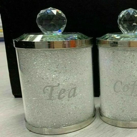 SILVER CRYSTAL FILLED TEA COFFEE SUGAR CANISTERS JARS STORAGE Diamond Crushed Uk